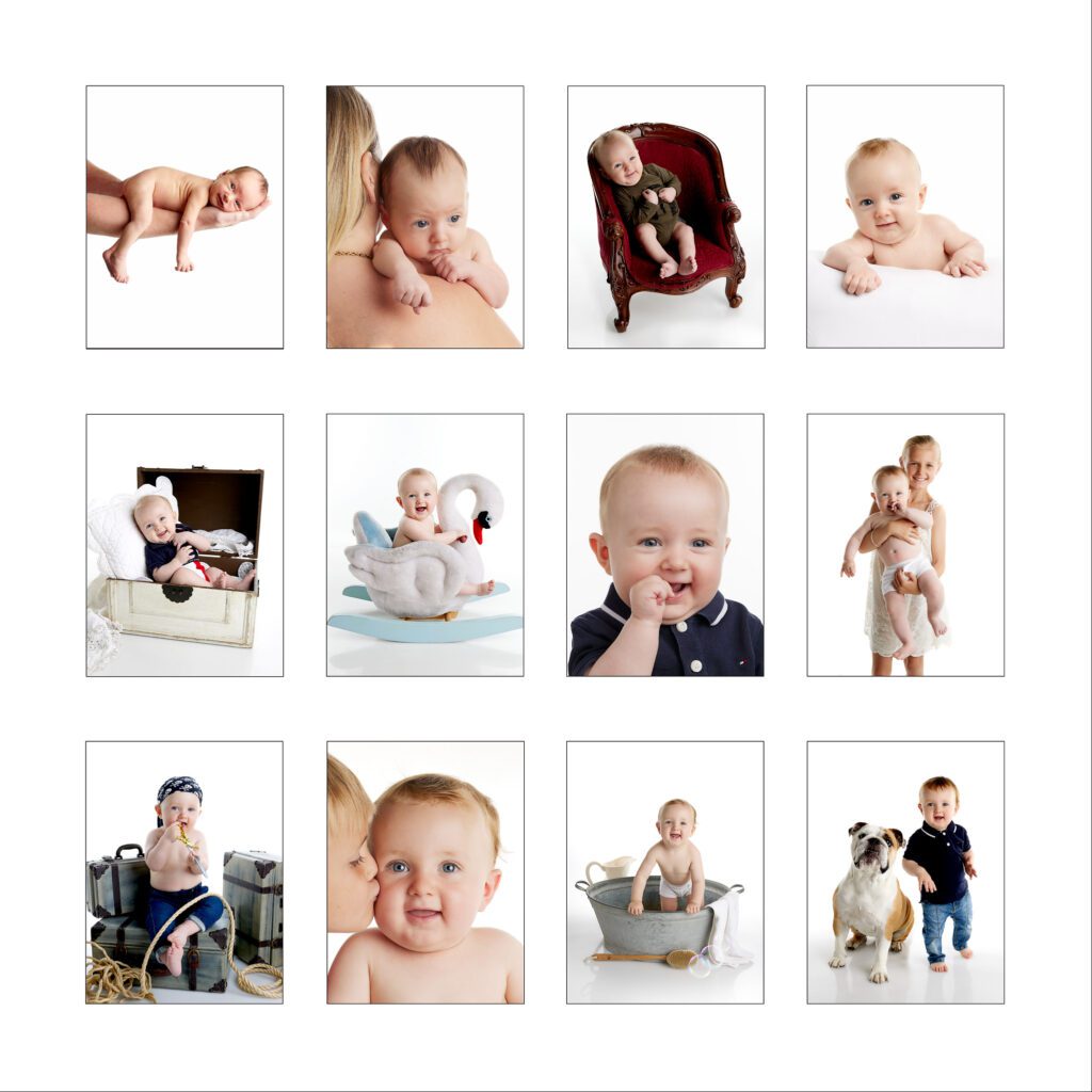 maanedsfotograferings collage af en baby dreng fra foerste til 12 maaned