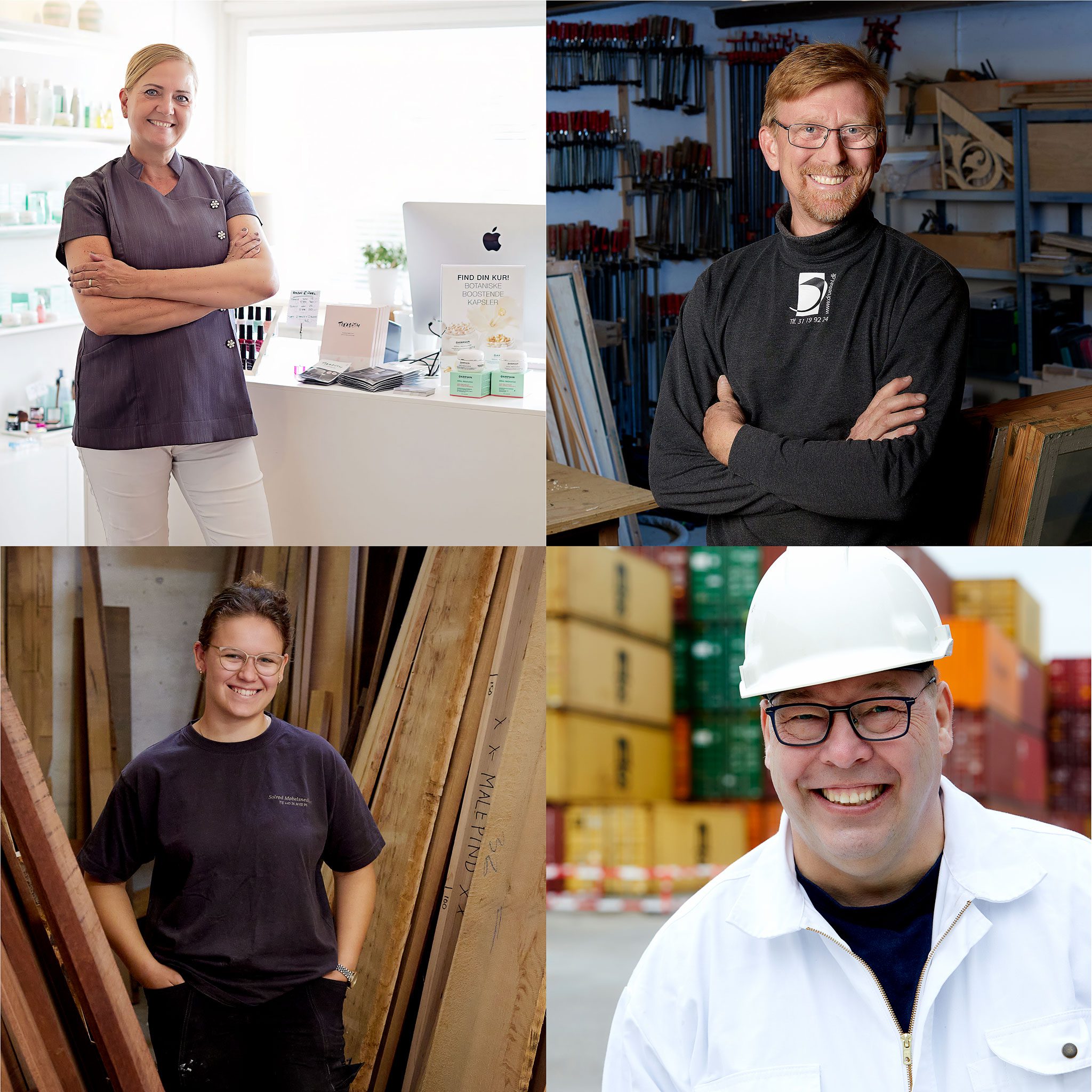 billeder af fire personer i arbejdsuniformer